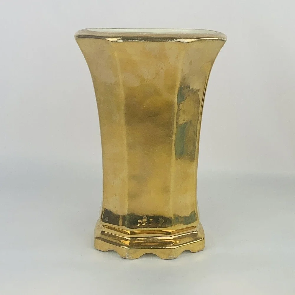 Vintage Gold Glaze Vase MCM Decor Ivy Leaf Flowers Wedding Holiday Metallic